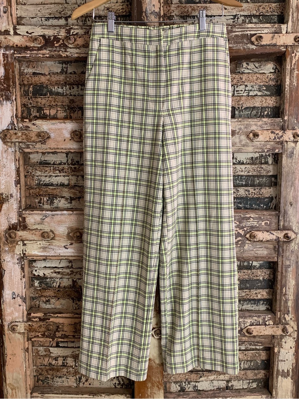 Topshop Cream and Lime Plaid Trousers, Pants, Flat-front, Retro, 6
